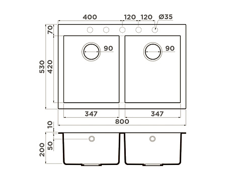 Мойка Bosen 80-2-BL, 800x530x200мм, Tetogranit/черный