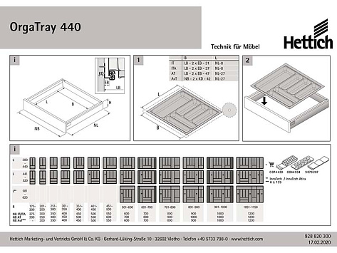 Лоток для столовых приборов OrgaTray 440 для InnoTech Atira/AvanTech YOU/ArciTech, Гл370-440xШ201-250, пластик, серебристый, Art.9194918, Hettich