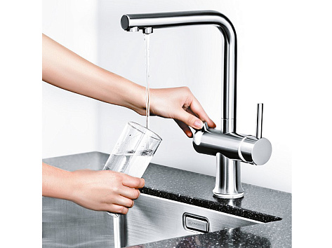 Смеситель Omoikiri Hotaru-B, с питьевой водой, вороненая сталь/голубой