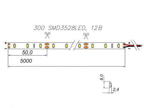 Светодиодная лента 60 диодов/м.п 3528, хол. белый 12V, 4,8W/м.п., 180-240 Lm/m, IP65