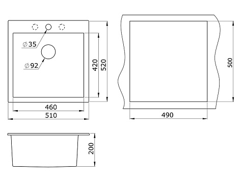 Мойка кухонная Granula 5102, 510х520х200мм, ПЕСОК, искусственный камень, в комплекте