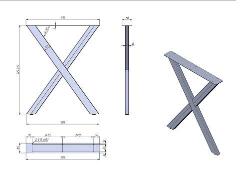 Опора для стола X-образная, 30х60, 725x595+5мм, усиленная, алюминий матовый (RAL9006)