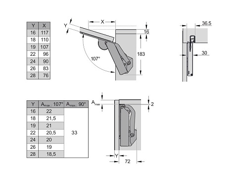 Механизм ФриСпейс PtO форте д. фасадов H 350 - 650 мм, тип H, комп-т , белый Art. 2722499966, Kessebohmer