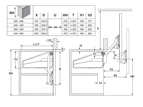 Механизм ФриСлайд P1us, д. фасадов  H345-420 мм, 2,4-4,8кг Art. 2719040006, Kessebohmer