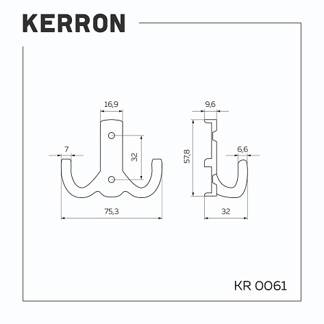 Крючок мебельный K204CP, двухрожковый, матовый чёрный, Китай
