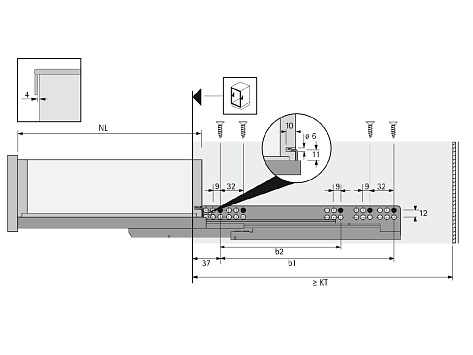 Скрытая направляющая Quadro V6 30/250 Push to open, полное выдвижение, для деревянных ящиков EB 20, правая Art. 9111360, Hettich