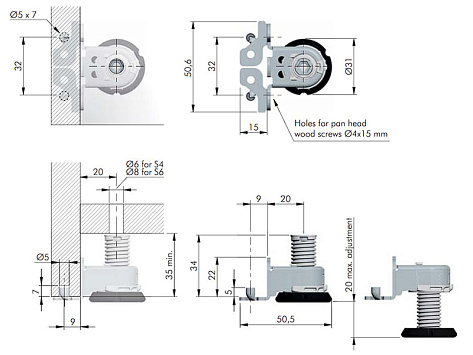 Опора мебельная INTEGRATO TECH D, со штифтами, регулировка 20 мм