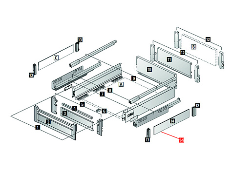 TopSide, комплект для ящика InnoTech Atira высотой 144 мм, длина 470 мм, цвет серебристый, металл, Art.9194681, Hettich