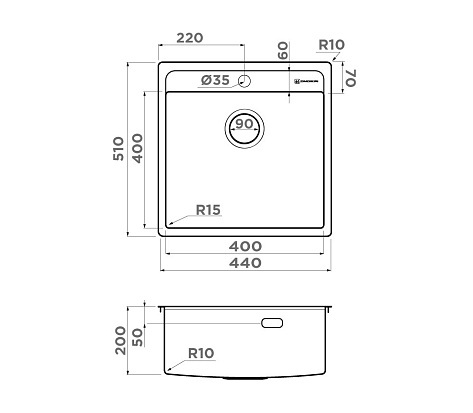 Мойка Omoikiri Daisen 44-IN,  440*510*200,  нерж.сталь/нержавеющая сталь