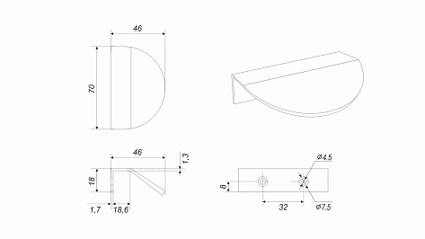 Ручка мебельная, торцевая VIVA RT012BL.1/32, 32 / 70 мм, черный, Boyard
