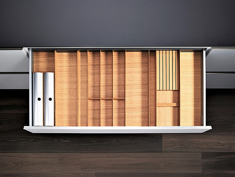 Лоток для ящика ФайнЛайн Линик, 1000 - 1200 мм, глубина 500 мм + держатель для фольги + для ножей, дуб натуральный, ROCKENHAUSEN, Art. 2373850369, Kessebohmer