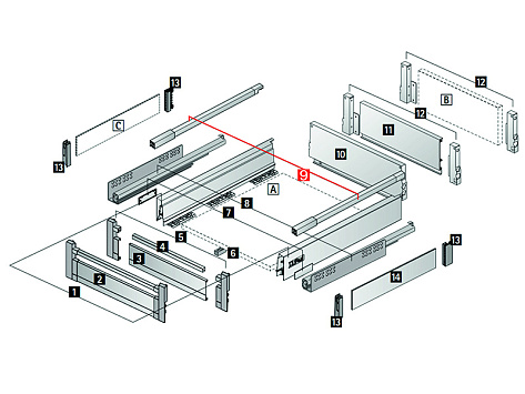Комплект продольных релингов для Atira 100, высота 144 мм, длина 470 мм, цвет серебристый, Art.9196125, Hettich