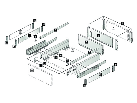 Комплект ящика InnoTech Atira 144х420 белый, с релингом, полн. выдв., Silent System, Art. 9230053, Hettich