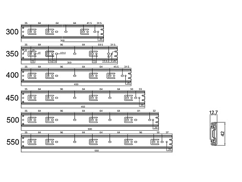 Направляющие для ящиков шариковые 42 мм, полного выдвижения 500мм, 4502Zn/44/500, цинк