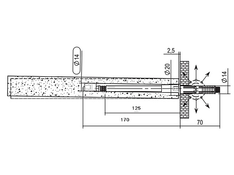 Менсолодержатель скрытый регулируемый, 14х170 мм, 18 кг/шт, дюбель для пустотелых стен, Италия