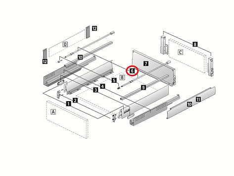 Продольный рейлинг для ящика InnoTech, длина 350 мм, серебристый Art. 1070630, глубина 400мм, Hettich