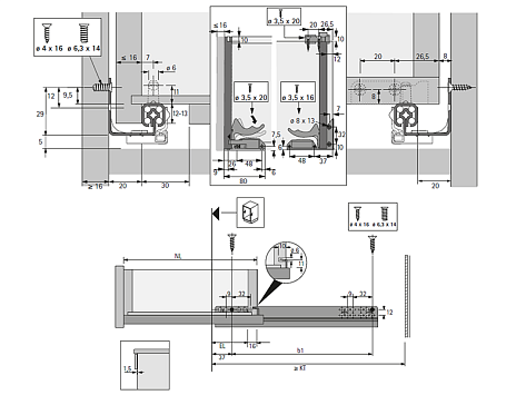 Комплект скрытых направляющих Quadro V6 30/450 Silent System с фиксаторами, Hettich