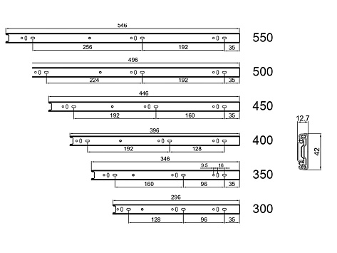 Направляющие для ящиков шариковые 42 мм, полного выдвижения 500мм, 4502Zn/44/500, цинк
