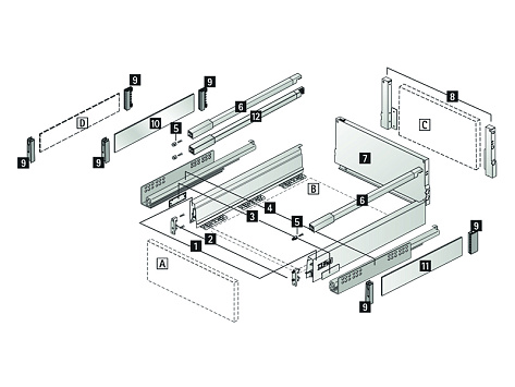 Комплект ящика InnoTech Atira 176х470 серый, с релингом, полн. выдв., Silent System, Art.9228913, Hettich