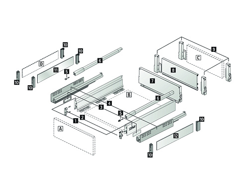 Комплект ящика InnoTech Atira 144х470 антрацит, с релингом, полн. выдв., Silent System, Art. 9234551, Hettich
