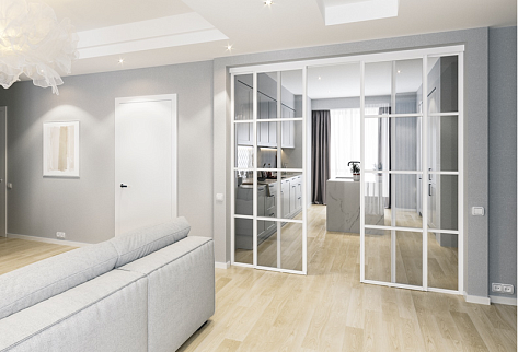 ARISTO 4в1 Подвесная 4 двери под наполнение 10 мм в проём L2450 H2700 с синхронным открыванием, доводчиками, серебро матовое