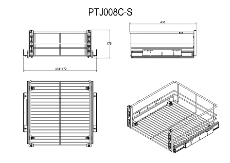Корзина выкатная 430х464х160мм, модуль 500мм, с креплением фасада, с направл. плавного закрывания PTJ008С-S, хром