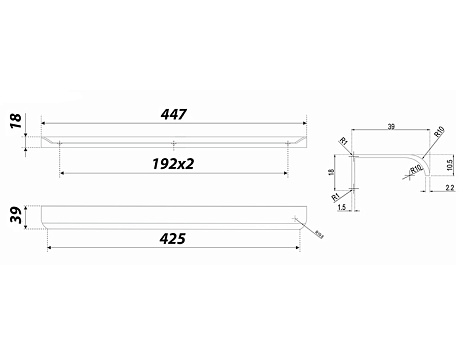 Ручка мебельная, торцевая MONTE RT110SG.1/000/450, 192x2 / 450 мм, золото, Boyard