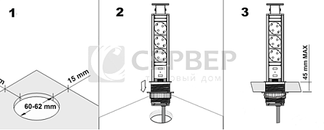 Блок розеток выдвижной вертикальный (Push Open) 3EURO 3,5кВт.+ 2USBх2.1A, шнур 1,8м, (вырез 60мм), IP20, серебристый