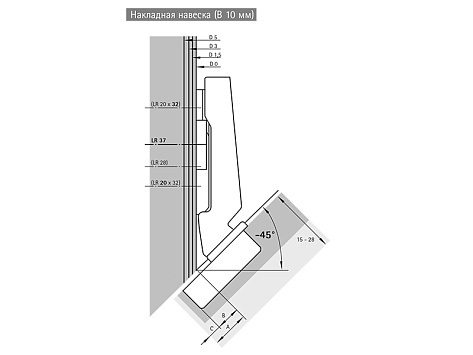 Петля быстрого монтажа Intermat 9944-Т42 накладная -45*, угол открывания 125 градусов Art. 77643/9043421, Hettich