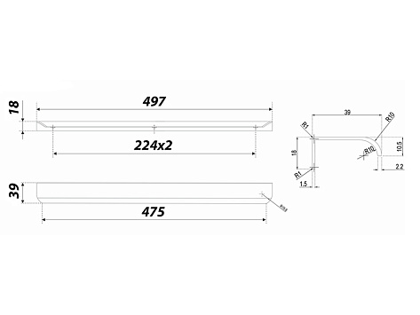 Ручка мебельная, торцевая МОНТЕ RT110SG.1/000/500, 224x2 / 500 мм, золото, Boyard