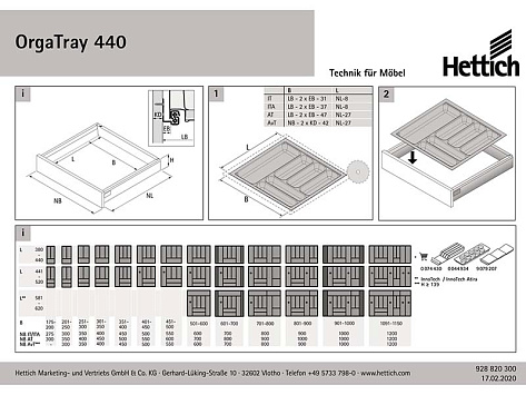 Лоток для столовых приборов OrgaTray 440 для InnoTech Atira/ArciTech, Гл441-520хШ301-350, пластик, серебристый, Art.9194933, Hettich