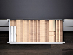 Лоток для ящика ФайнЛайн 1000 - 1200 мм/500 мм + делитель для приборов + держатель для ножей + для фольги, ясень светлый, ROCKENHAUSEN, Art. 2373860378, Kessebohmer