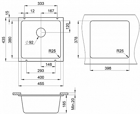 Мойка кухонная Granula 3801, 435х455мм, ЧЕРНЫЙ, искусственный камень, в комплекте